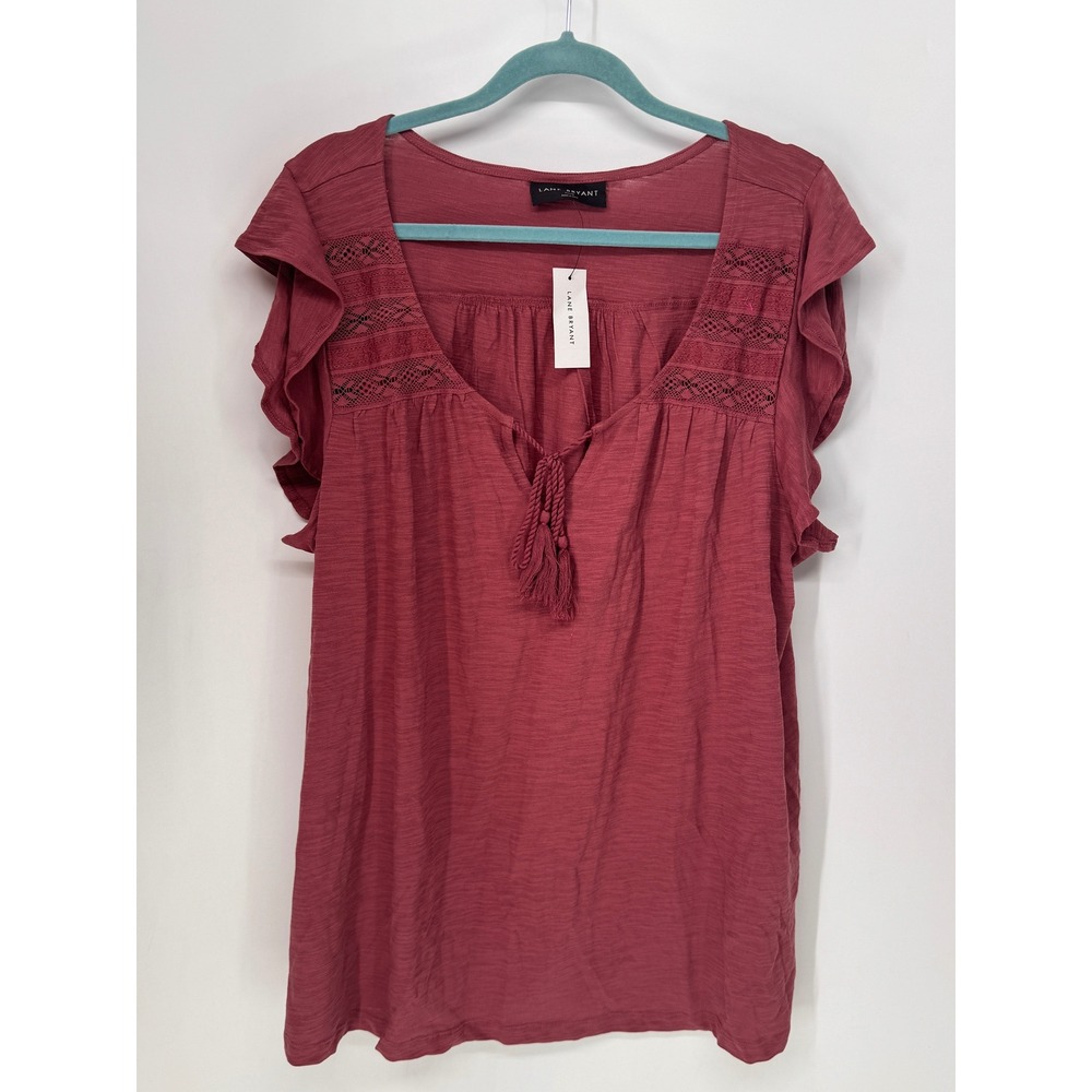 Lane Bryant Top Women 22/24 Dark Rose NWT Flutter Sleeve Lace Crochet Tassel